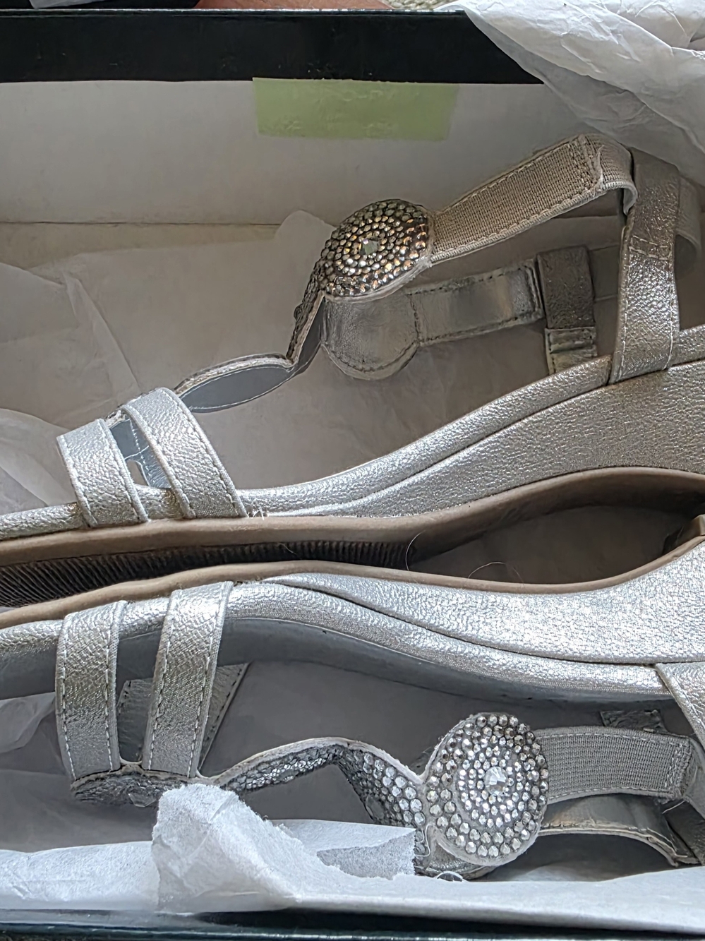 Karen Scott Silver T-Strap Wedge Sandals with Rhinestone Medallion